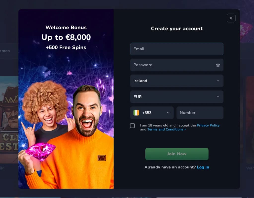 LuckyWins premium casino sign-up form