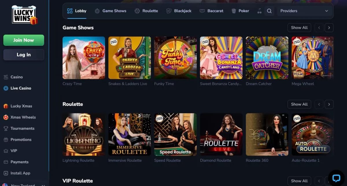LuckyWins premium live casino dealer games.